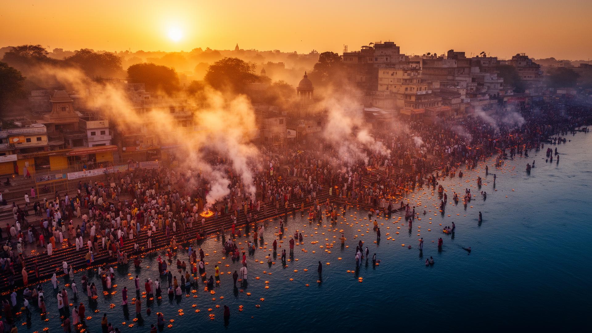 Sunrise over the Godavari ghats at Nashik Kumbh